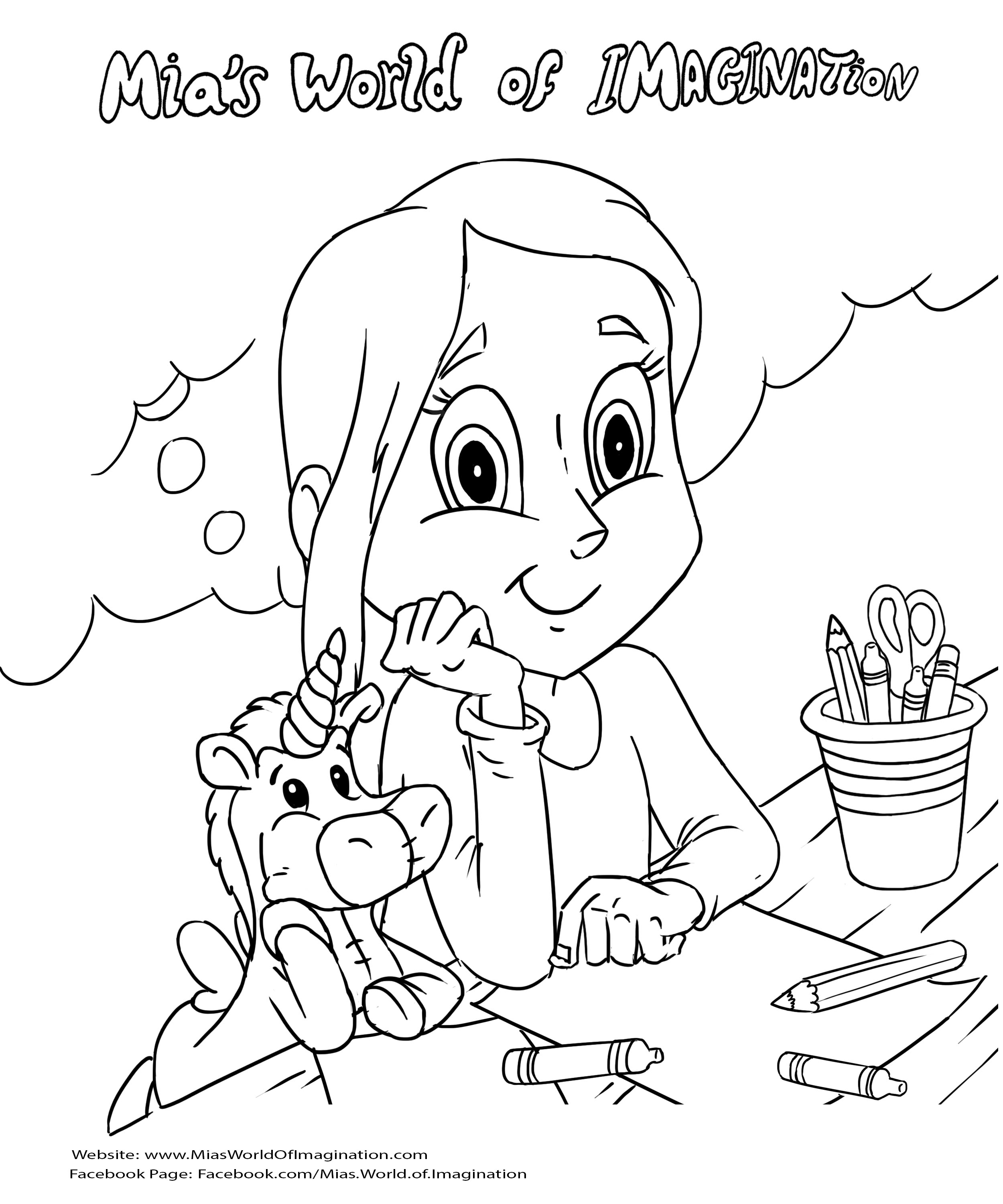 Mia&apos;s World of Imagination, Coloring Page, Mia, Thinking, Rainbow, Drawing